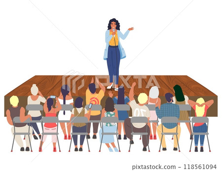 Young woman holding public speech on rural stage 118561094