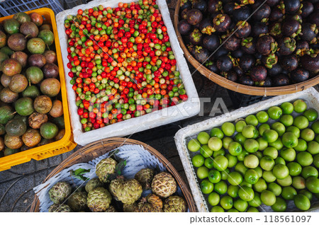 assortment of various tropical exotic fruits at street market in Thailand in Asia assortment of various tropical exotic fruits at street market in Thailand in Asia 118561097