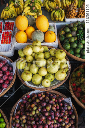 assortment of various tropical exotic fruits at street market in Vietnam in Asia 118561103