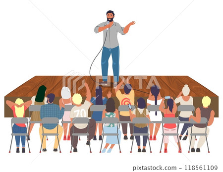 Man performing with public speech on wooden rural stage 118561109