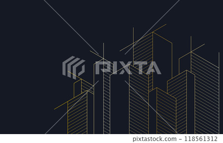 Architectural drawing with building construction of golden color. Creative vector illustration of modern architecture 118561312