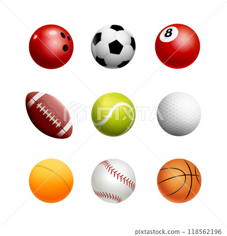 Sports balls vector icon. Collection different balls soccer, basketball, tennis golf. Sports bowling 118562196