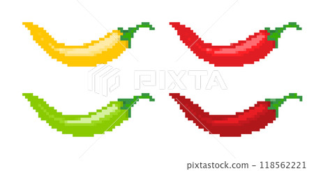 Pixelated chili peppers illustration. Simple pixel art yellow, red, green, and dark red chili Pixelated chili peppers illustration. Simple pixel art yellow, red, green, and dark red chili 118562221
