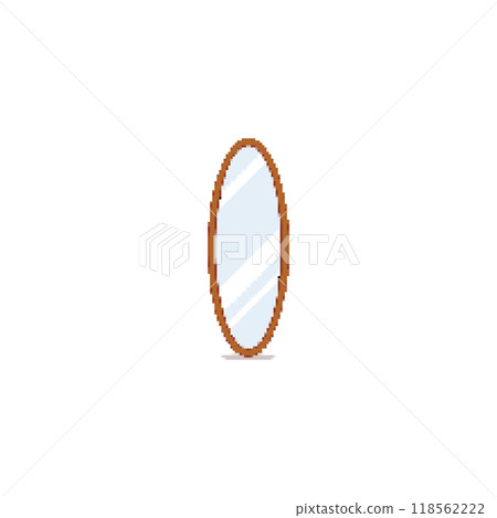 Pixel art oval mirror with wooden frame. Minimalistic mirror design in retro pixelated style. 118562222