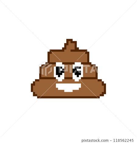 Pixel art smiling poop emoji. Cute and playful poop icon in retro pixelated style 118562245