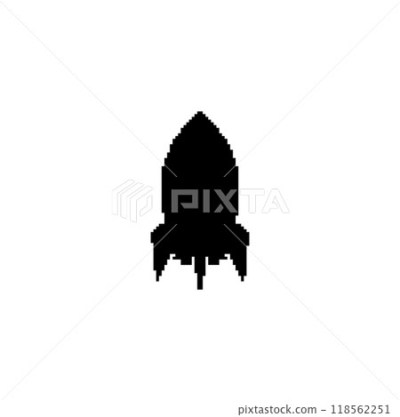 Pixel art black rocket silhouette. Minimalistic rocket icon in retro pixelated style. 118562251