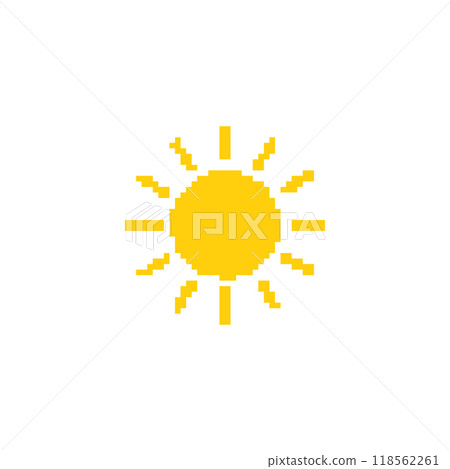 Pixelated sun illustration. Simple pixel art of a yellow sun with rays extending outward. Pixelated sun illustration. Simple pixel art of a yellow sun with rays extending outward. 118562261