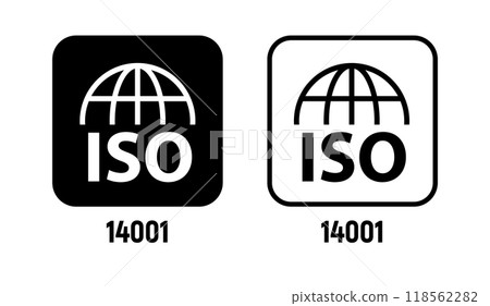 ISO certified vector icon. Quality iso 14001 symbol stamp badge sign. 118562282