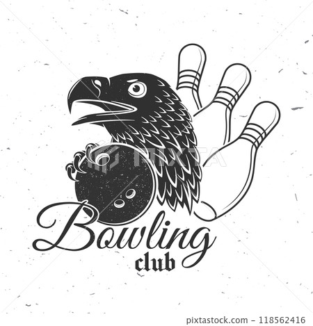 Bowling sports club logo, badge design. Vintage design with eagle and bowling ball silhouette. Vector. 118562416