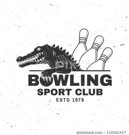 Bowling sports club logo, badge design. Vintage design with crocodile and bowling ball silhouette. Vector. 118562417