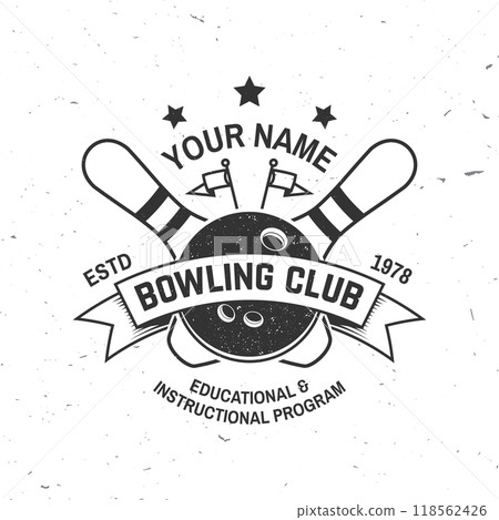 Bowling sports club logo, badge design. Vintage design with bowling pins and ball silhouette. Vector. Bowling sports club logo, badge design. Vintage design with bowling pins and ball silhouette. Vector. 118562426