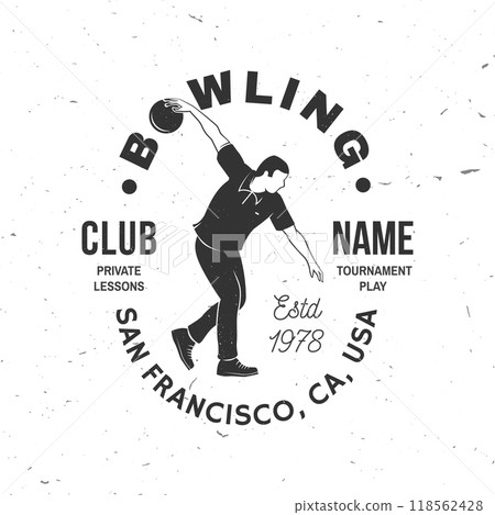 Bowling sports club logo, badge design. Vintage design with athlete bowling shoot pins silhouette. Vector. Bowling sports club logo, badge design. Vintage design with athlete bowling shoot pins silhouette. Vector. 118562428