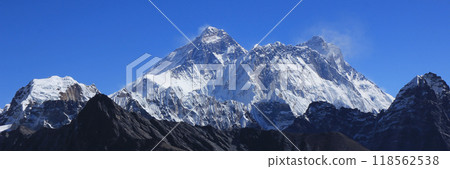 Mount Everest and Nuptse seen from below Renjo Pass, Nepal. Mount Everest and Nuptse seen from below Renjo Pass, Nepal. 118562538