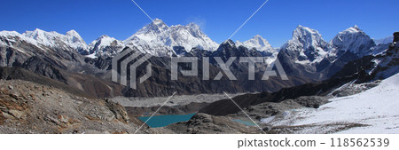 Mount Everest and Gokyo Valley seen from Renjo Pass, Nepal. Mount Everest and Gokyo Valley seen from Renjo Pass, Nepal. 118562539