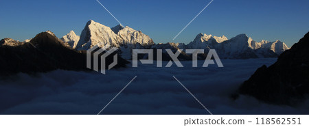 Bright lit peaks of Ama Dablam, Cholatse, Taboche and Tobuche. Sea of fog, autumn in the Gokyo Valley, Nepal. Bright lit peaks of Ama Dablam, Cholatse, Taboche and Tobuche. Sea of fog, autumn in the Gokyo Valley, Nepal. 118562551