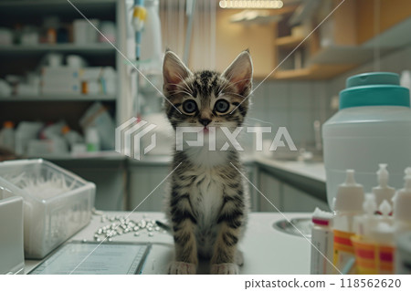 A cute tabby kitten sits on a table in a veterinarian's office. The cat was taken to the veterinarian for a routine examination. The cat is ready for a medical examination at the clinic. Copy space 118562620