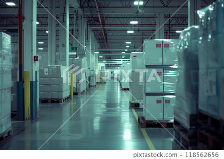 Spacious, impressive large medical equipment warehouse. Confident rows of cutting-edge medical equipment are ready to ship. Organization and readiness to provide modern medical facilities. Copy space 118562656