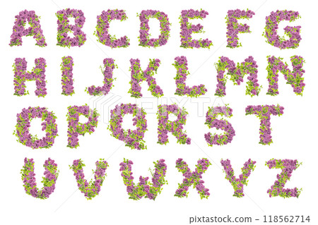 3D illustration of Lilac flowers alphabet 3D illustration of Lilac flowers alphabet 118562714