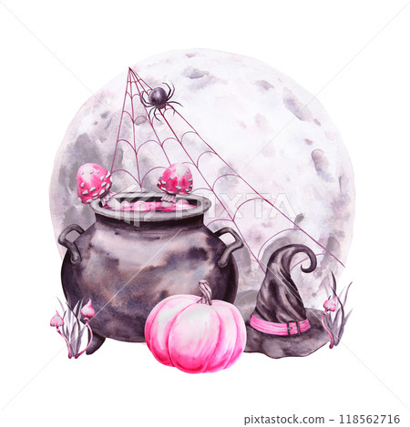 Full Moon, pink pumpkin, black witch hat, cauldron with potion and poisonous mushrooms, fly agaric, spider on web. Symbol of magic, Halloween, Sabbath. Watercolor hand drawn cut out isolated clipart 118562716