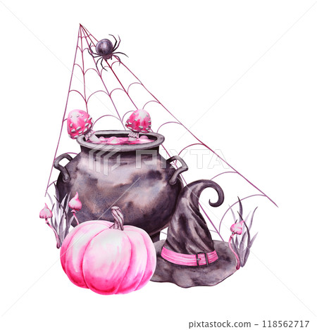 Pink pumpkin, black witch hat, cauldron with potion and poisonous mushrooms, fly agaric, spider on web. Symbol of mysticism, magic, Halloween, Sabbath. Watercolor hand drawn cut out isolated clipart 118562717