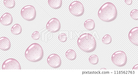 Pink serum drops, transparent gel droplets, realistic glossy liquid, moisturizing cosmetic product 118562763