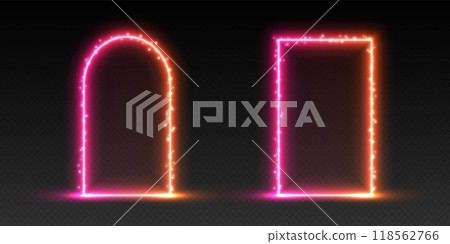 Neon door and arch with sparkles, gradient glowing portal, futuristic gate, magic LED frame. 118562766