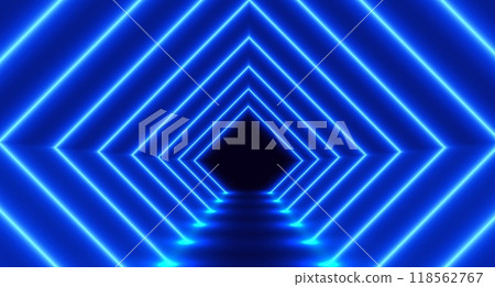 Neon tunnel, futuristic room with led corridor, glowing rhombus modern background. 118562767