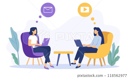 Two women are seated in chairs, working on laptops, with thought bubbles indicating email and video. The scene is set against a light background, emphasizing communication and productivity 118562977