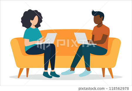 Two individuals working on laptops while sitting on a yellow couch. Minimalist vector illustration style on a white background. Concept of remote work and collaboration. Vector illustration 118562978