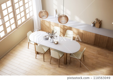 High angle view of minimal style modern contemporary dining room interior 3d render 118563049