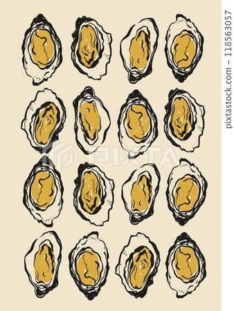 Vector poster with Mediterranean seafoods. Hand-drawn oysters card isolated on beige background. Tasty food for design, print, fabric or background. 118563057