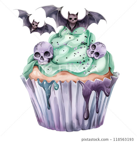 A pastel goth cupcake decorated with spooky cute elements like bats and skulls A pastel goth cupcake decorated with spooky cute elements like bats and skulls 118563193