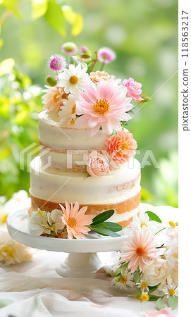 There is a beautiful cake adorned with lovely flowers placed on a table 118563217