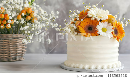 A cake with flowers sits on a table beside a flower basket 118563218