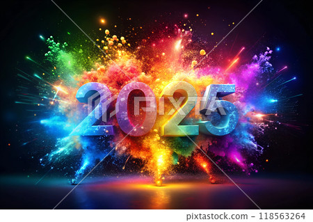 Explosive Rainbow 2025 New Year Celebration. Vibrant 3D 2025 Numbers with Colorful Powder Explosions Explosive Rainbow 2025 New Year Celebration. Vibrant 3D 2025 Numbers with Colorful Powder Explosions 118563264
