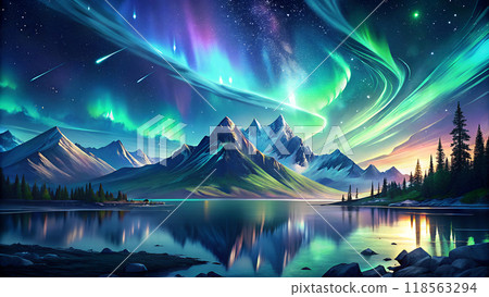 Majestic Mountain Landscape with Northern Lights Reflection Over Calm Lake at Night 118563294