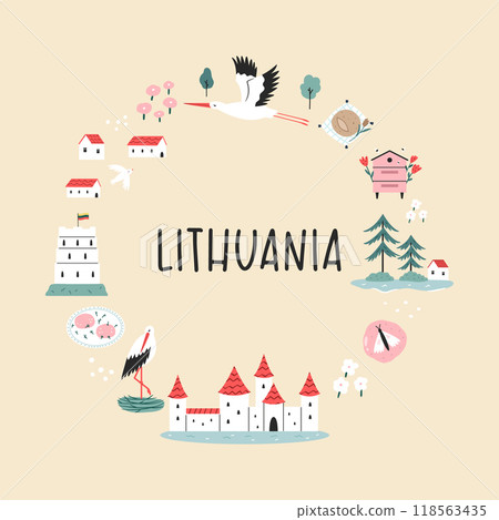 Decorative poster with hand drawn landmarks, symbols of Lithuania Decorative poster with hand drawn landmarks, symbols of Lithuania 118563435
