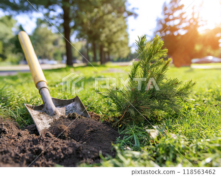 A freshly planted tree sapling in a park, with a shovel stuck in the soil nearby.  118563462