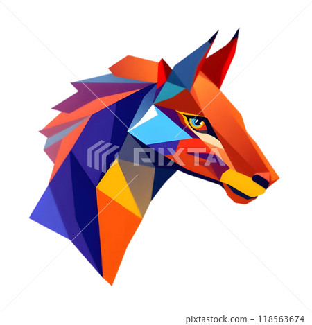 Colorful geometric horse head illustration with vibrant shapes and angles 118563674