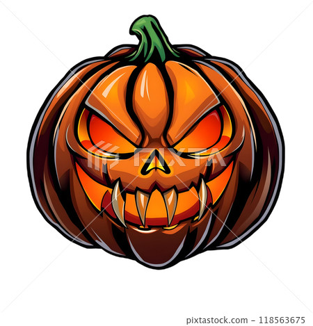 Creative spooky Halloween pumpkin with sharp teeth and glowing eyes 118563675