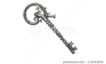 Antique silver key with ornate design and unique handle shape Antique silver key with ornate design and unique handle shape 118563693
