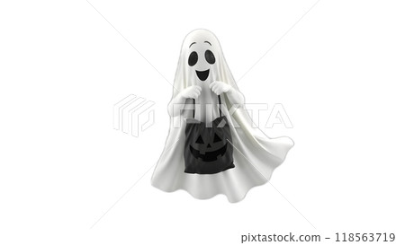 Friendly ghost wearing white sheet with Halloween trick-or-treat bag 118563719
