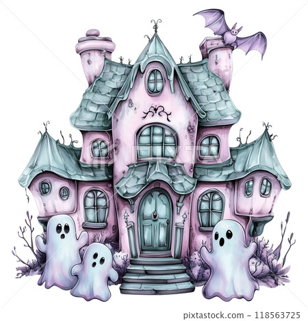 Spooky Pastel Haunted House in Soft Pinks and Mint Greens with Cute Ghosts 118563725