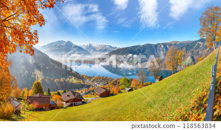 Spectacular view of the meadows and mountains around  Zell lake or Zeller See . 118563834
