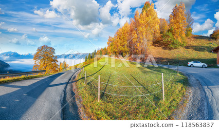 Spectacular view of the meadows and mountains around Zell lake or Zeller See . Spectacular view of the meadows and mountains around Zell lake or Zeller See . 118563837
