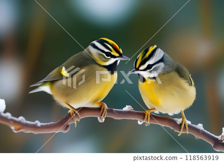 Cute birds on cold winter day. Winter nature background. Birds: Common Firecrest. Regulus ignicapilla. 118563919