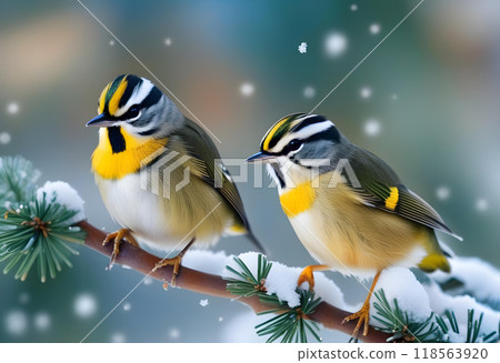 Cute birds on cold winter day. Winter nature background. Birds: Common Firecrest. Regulus ignicapilla. 118563920