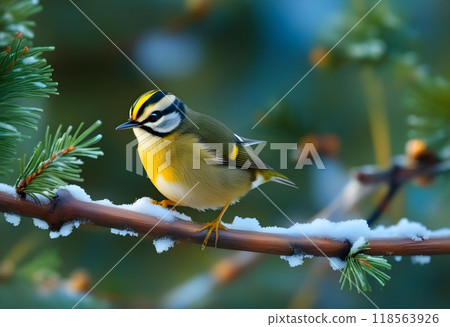Cute birds on cold winter day. Winter nature background. Birds: Common Firecrest. Regulus ignicapilla. 118563926
