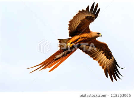 Birds of prey Black kite (Milvus migrans) flying isolated on a white background. Birds of prey Black kite (Milvus migrans) flying isolated on a white background. 118563966