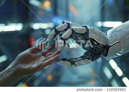 The robot's hand and the human hand touch. Generative AI 118563981